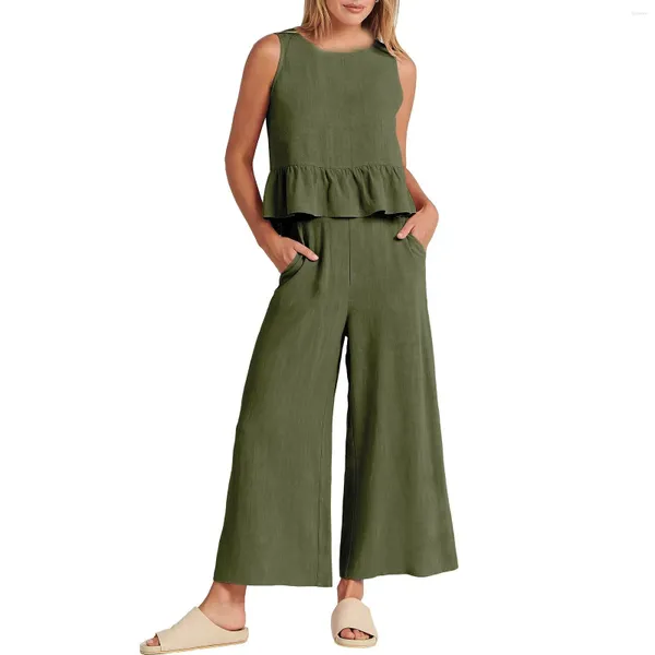 Pantaloni a due pezzi da donna 2023 Pantaloni estivi in lino e cotone da pigiama Set da donna Indumenti da notte senza maniche Set da indossare a casa Abito elegante femminile