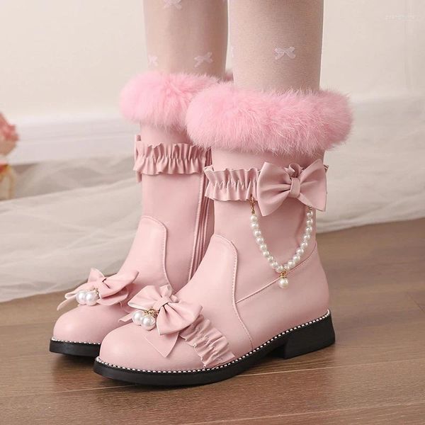 Stiefel JK Lolita Schmetterling-Knoten Fransen Pelz String Bead Schnee Knöchel Winter 2023 Niedrige Ferse Prinzessin Botas Party Schuhe Frauen Freies Schiff