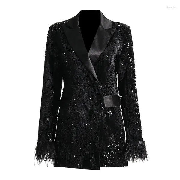 Ternos femininos jamerary moda celebridade estilo de luxo lantejoulas terno casacos feminino pele pena manga pista blazers feminino senhora do escritório