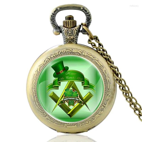 Карманные часы Freemason Four Leaf Clover, бронзовые кварцевые часы, винтажные часы с подвеской для мужчин и женщин, ожерелье со стеклянным куполом, подарки