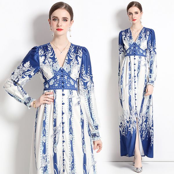 Boho Maxi Dress Designer donna Retro Stampa Abiti aderenti e svasati 2023 Autunno Inverno Manica lunga Scollo a V Slim Allentato Grande Swing Lady Frocks Bianco Vacanza Abiti da festa