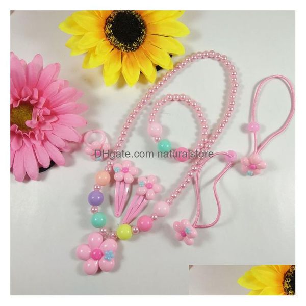 Halskette Ohrringe Set 3 Teile/satz Süße Kinder Schmuck Arons Nette Harz Perle Ring Und Hairgrips Blume Candy Anhänger Großhandel DHSZI