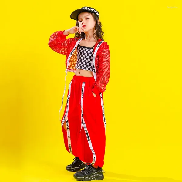 Bühnenkleidung Kinder Hip Hop Street Dance Kostüm Plaid Weste Lose Split Hosen Netz Jacke Tops Für Mädchen Kleidung Jazz Show 6 8 10 12Y