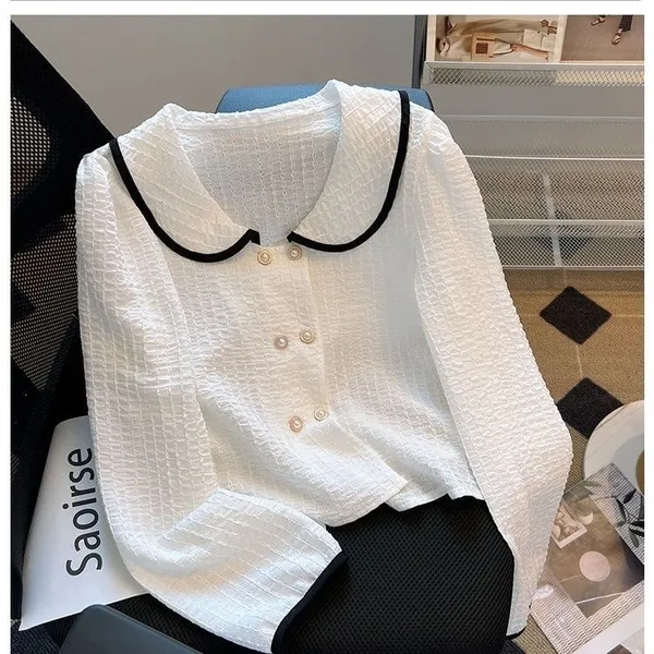 Xiaoxiang Doll Neck Shirt Damen San d – Französisches zweireihiges Cardigan-Top, kurzes, altersreduzierendes Ausländer-Langarmshirt