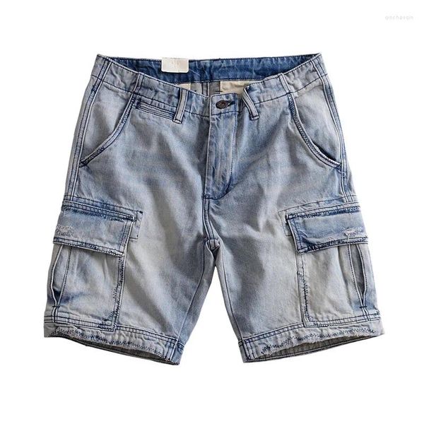 Одежда для спортзала, летние хлопковые джинсовые шорты с несколькими сумками, мужские потертые повседневные никелевые брюки, светло-голубой прилив