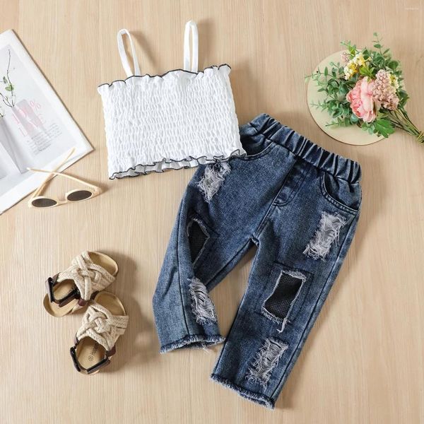 Kleidung Sets Mode Mädchen Set Weiß Falten Weste Loch Jeans Zwei Stück Sommer Anzüge 2023 Baby Kleinkind Kinder Kinder Outfits