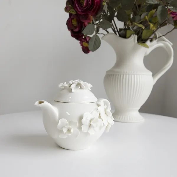 Fiaschetta in pura ceramica fatta a mano tridimensionale appiccicosa fiore caffettiera teiera elegante stile reale francese