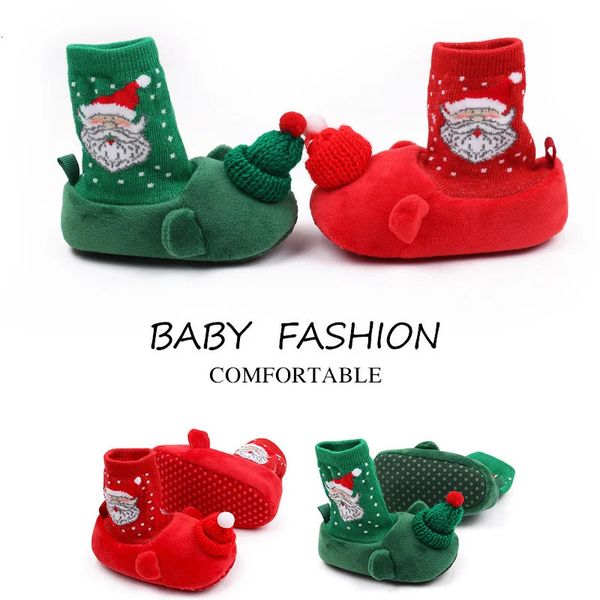 Primeiros caminhantes nascidos sapatos de bebê papai noel meias para menino antiderrapante sola macia quente todler infantil andando 231020