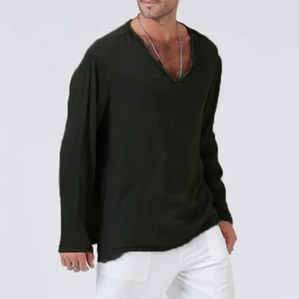 T-shirt da uomo T-shirt in lino da uomo vintage tinta unita allentato scollo a V autunno casual oversize manica lunga tee pullover per uomo top da spiaggia