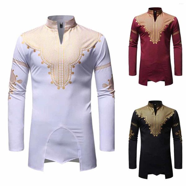 Homens camisetas Mens botão para baixo impresso camisa irregular stand-up robe top banquete colarinho vestido legal