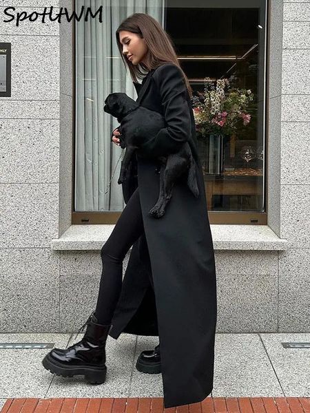Womens lã mistura preto vintage lapela colarinho feminino até o chão casaco manga longa oversized solto elegante casaco outono chique alta streetwear 231021