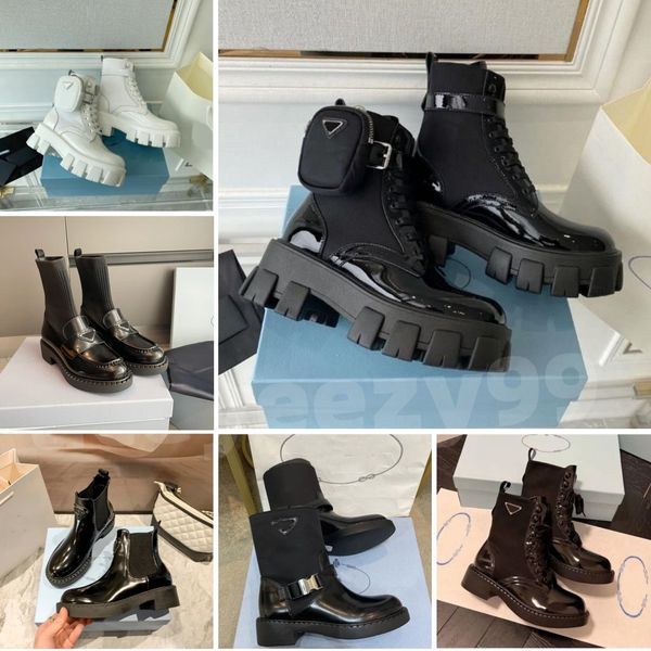 Luxuriöse Stiefel, Plattform, schwarzes Dreieck, Lack, matte Loafer, Leder, Winter-Schneestiefel, Oxford-Boden-Knöchelschuhe, Luxus-Gummi-Martin