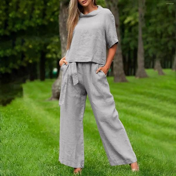 Pantaloni a due pezzi da donna in cotone e lino tute da donna larghe 2024 estate manica corta con scollo a V pagliaccetto moda cravatta ufficio generale Femme