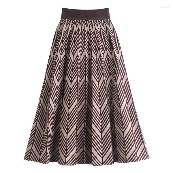 Юбки TIGENA, винтажная вязаная юбка в волнистую полоску для женщин, осень-зима 2023, теплая трапециевидная плиссированная миди-длинная женская юбка с высокой талией