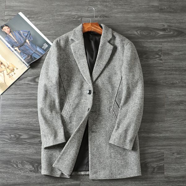 Мужское пальто в клетку, пальто в клетку, зимнее шерстяное пальто, мужское дизайнерское пальто, длинное шерстяное пальто