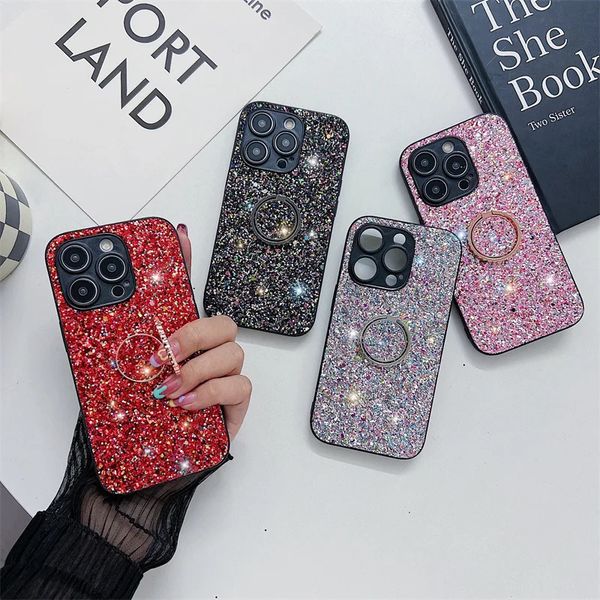 Casos de telefone celular luxo bling glitter anel titular caso para iphone 15 14 13 12 mini 11 pro max plus à prova de choque duro pc capa traseira 231021