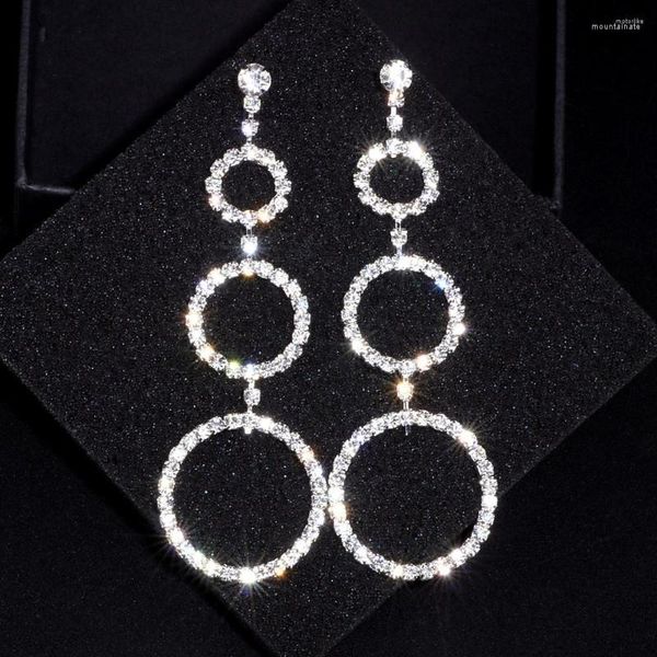 Brincos pendurados estilo longo para mulheres, cor prata, círculos de cristal pendurados, joias de casamento, atacado wx004