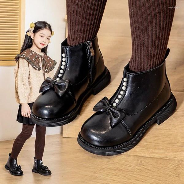 Stivali da ragazza alla caviglia 2023 moda invernale sneakers con nodo a farfalla perla principessa antiscivolo per bambini neve peluche caldo