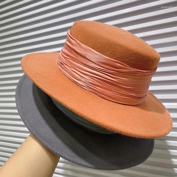 Berretti Cappello coreano a tesa larga con decorazione a nastro alla moda coreana per donna Elegante berretto Fedora casual nero di alta qualità