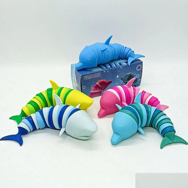 Dekompressionsspielzeug Fidget Shark 3D Sensory Toys Gedruckt Articated Dolphin Stim Slug Autismus Weihnachtsfeierbevorzugungen Strumpffüller für Dhnzf