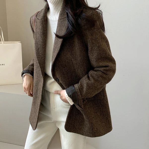 Mulheres jaquetas coreano cinza lã blazer mulheres outono inverno singlebreasted bolsos escritório desgaste gola entalhada grosso blazers elegante senhora jaqueta 231021