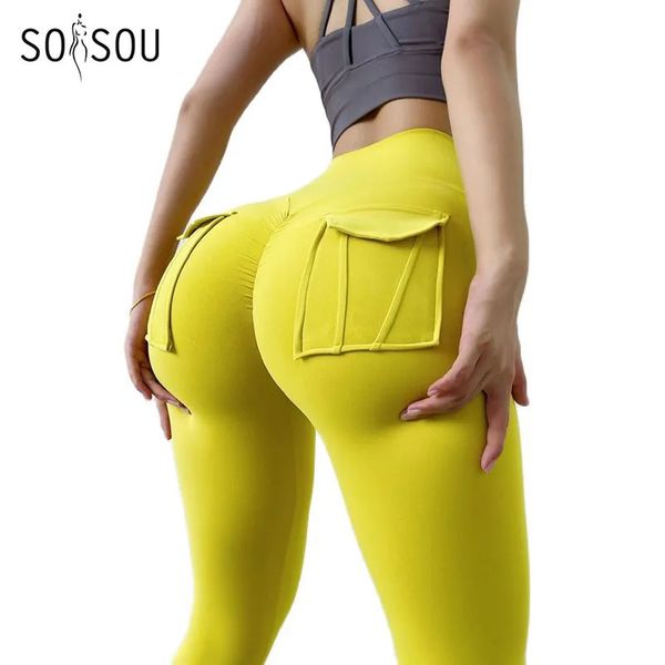 Yoga Outfit SOISOU Nylon Leggings Damen Hosen Sport Sexy Enge Hohe Taille Elastische Höschen Tasche Legging Mujer 231020