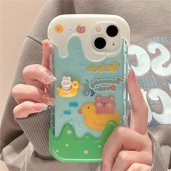 Handyhüllen Korean Cute 3D Bear Rabbit Case für iPhone 14 13 12 11 Pro Max X XR 7 8 Plus Schöne transparente stoßfeste weiche Rückseitenabdeckung 231021