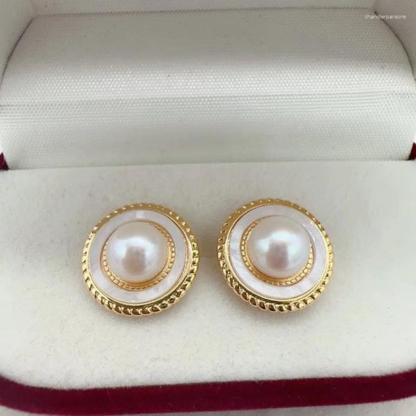 Orecchini a bottone Arrivo Perla d'acqua dolce naturale Moda Design rotondo Gioielli femminili in oro 14 carati per regalo da donna
