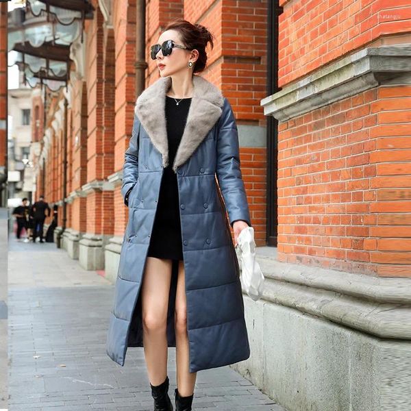 Женская кожаная куртка 2023, зимняя куртка из натуральной овчины, женское длинное пуховое пальто с воротником, теплые настоящие куртки, пальто Ves
