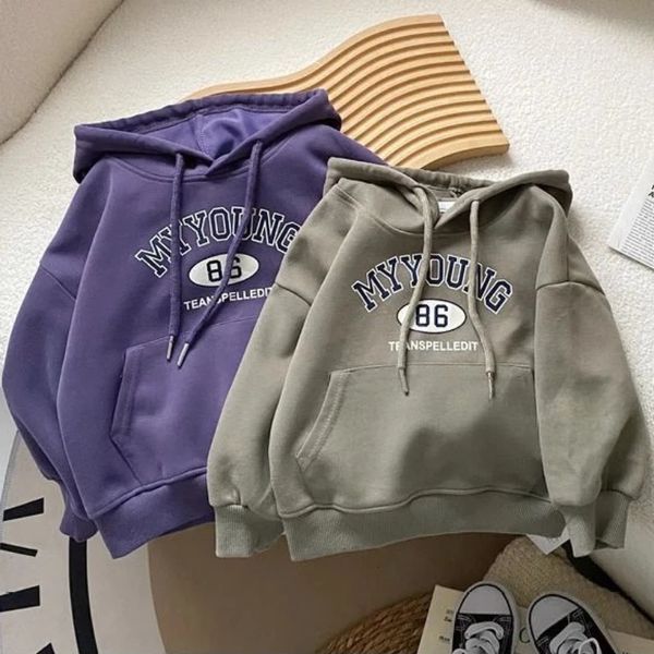 Hoodies moletom outono crianças carta meninos manga longa com capuz 2y jovens crianças roupas casuais primavera velo quente meninas com capuz 231020