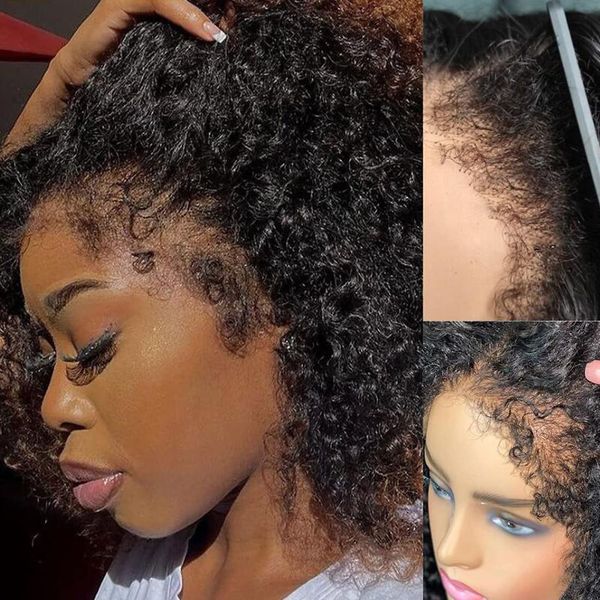 12A 4C Kinky Edges Wig Glueless Afro Kinky Curly Lace Front Wigs Cabelo humano com cabelo encaracolado de bebê HD Perucas frontais de renda transparente com linha fina realista para mulheres