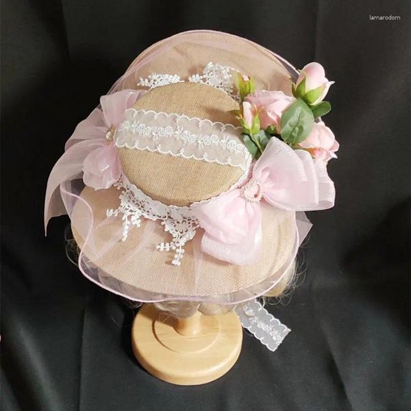 Berets Lolita Süßes Mädchen Sommer Hüte mit breiter Krempe für Frauen Strand Sonnenhut Kawaii Prinzessin Spitze Blume