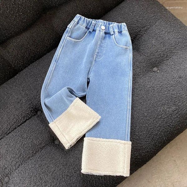Calças de inverno outono meninas calças bebê denim crianças jeans criança bottoms roupas crianças perna larga pele do falso quente veludo 3-8y