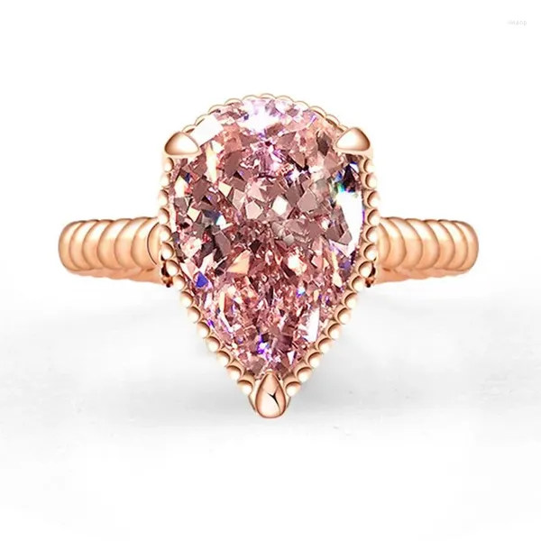 Anéis de cluster luxo forma de pêra enorme cz prong configuração rosa cor de ouro moda noivado para mulheres aniversário de casamento presentes jewerly