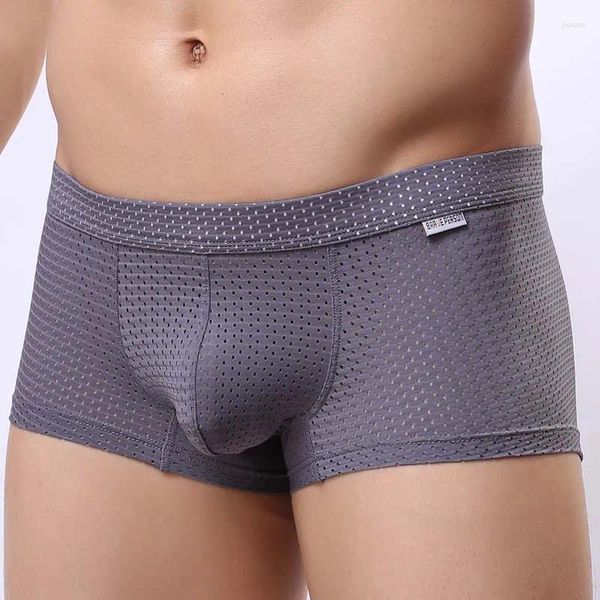 Cuecas masculinas moda boxers roupa interior sexy cintura baixa bulge oco para fora pênis bolsa calcinha malha respirável secagem rápida masculino boxershorts