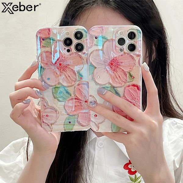 Чехлы для мобильных телефонов Блестящая алмазная картина маслом Розовый цветок Чехол для iPhone 15 Pro Max 14 13 11 12 Mini X XS XR 7 8 Plus Глянцевый противоударный чехол 231021