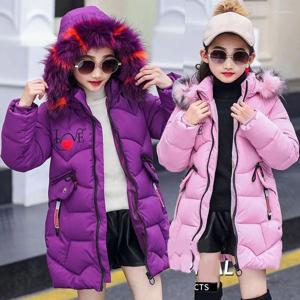 Giubbotti 2023 Big Size Winter Keep Warm Girls Jacket 5 colori Cartoon Heart Pattern collo di pelliccia staccabile cappotto con cappuccio spesso per bambini