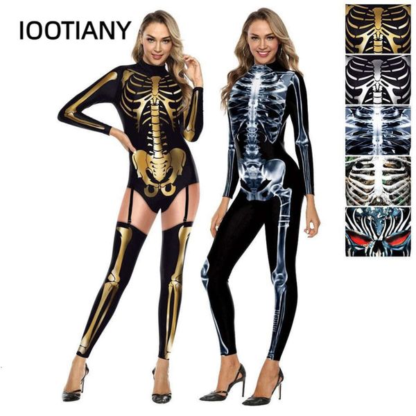 Purim Carnevale Costumi Cosplay Moda Tuta Teschio Scheletro Stampa Tuta Divertente Abito da donna Sexy Catsuit Donna