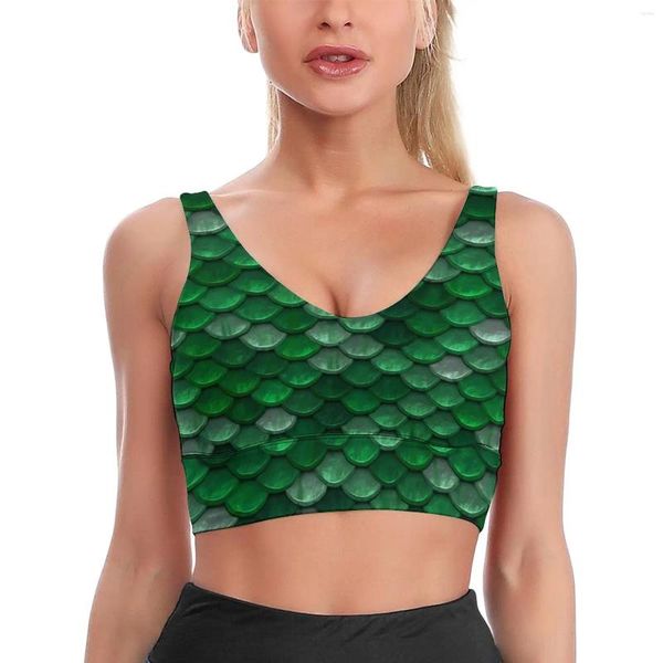 Roupa de yoga verde sereias esporte sutiã escamas de peixe impressão u pescoço treino push up v voltar colheita sutiãs correndo respirável topo para mulher