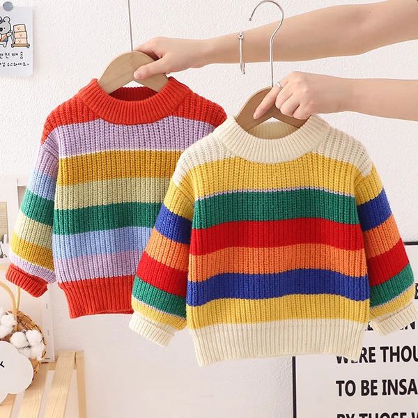 Strickjacke Kinder Herbst Pullover Baby Mädchen Jungen Winter Langarm Streifen Regenbogen Pullover Kleinkind Kinder Stricken Warme 231021