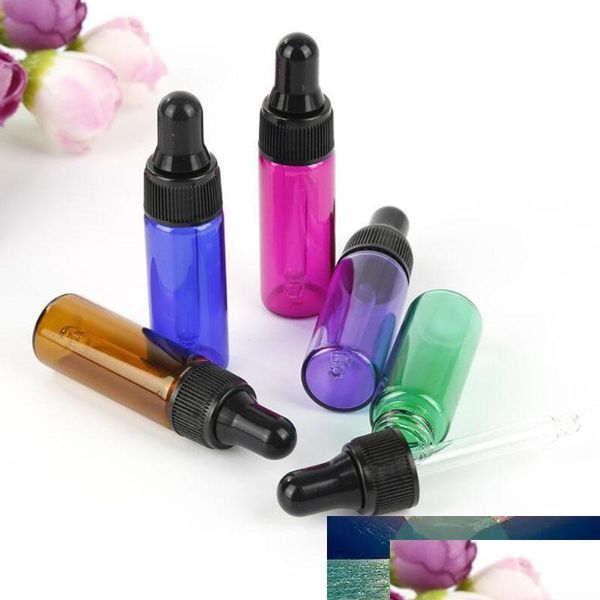 Bottiglie di imballaggio All'ingrosso Blu Verde Viola Rosso Ambra Mini bottiglie di vetro Flacone contagocce pipetta campione da 5 ml con coperchi neri Pronto per la spedizione Dhuv2