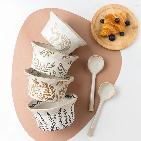 Ciotole Rilievo giapponese Pianta Cappello Ciotola Ceramica Colazione Dessert Alta bellezza Ceramica grezza Insalata di frutta Stoviglie per la casa