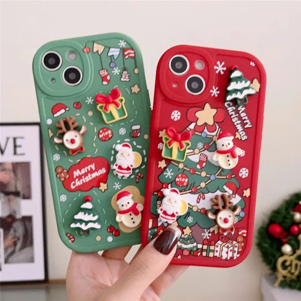 Casos de telefone celular Ottwn 3D Cartoon Elk Santa Claus Tree Christmas Case para iPhone 13 11 12 Pro Max 14 Plus X XR XS 7 8 SE 2020 Capa 231021