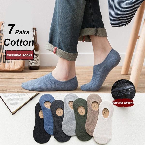 Meias masculinas 7 pares homens algodão invisível sem mostrar antiderrapante verão doce sólido baixo corte meia chinelo moda fina tornozelo barco