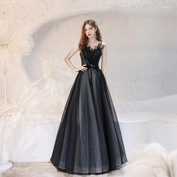 Vestidos de passarela preto cinta de espaguete vestido de noite brilhante a linha sem mangas até o chão concurso formal ocasião celebridade festa vestidos de baile