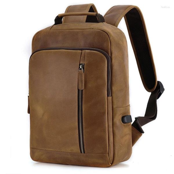 Rucksack Highend Vintage Braun Top Grain Echtes Crazy Horse Leder A4 15,6'' Laptop Frauen Männer Rindsleder Reisetasche M6641