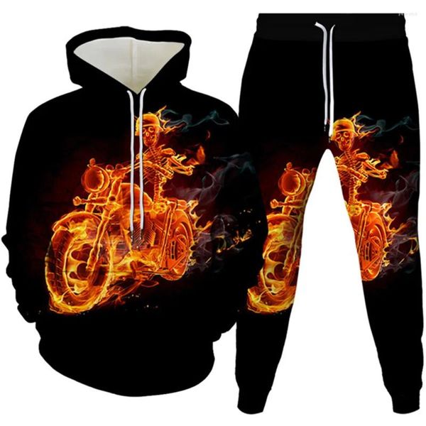 Herren -Tracksuiten Red Flame Motorrad Blue Skull Hip Hop Männer Punk -Kleidung Tracksuit Hoodies Jogging Hosen 2 Stück Homme Kostüm Sets Größe Größe