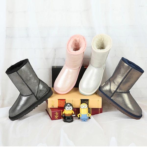 Botas GRWG Básico Neve de Inverno para Mulheres Pele de Carneiro Couro Mid-Bezerro Deslizamento em Shearling Fur Borracha Sola Flats Sólidos Preto