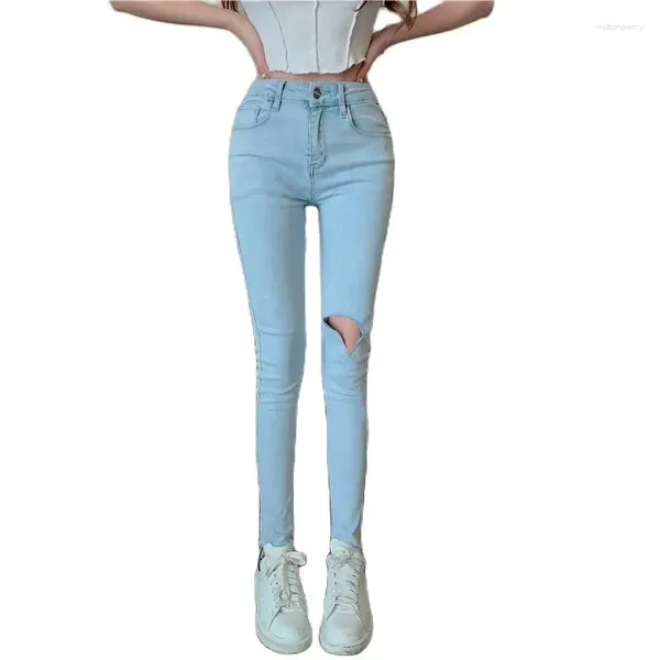 Женские джинсы, осенне-зимние светло-голубые корейские модные женские джинсы из хлопка и спандекса, узкие джинсовые брюки для девочек