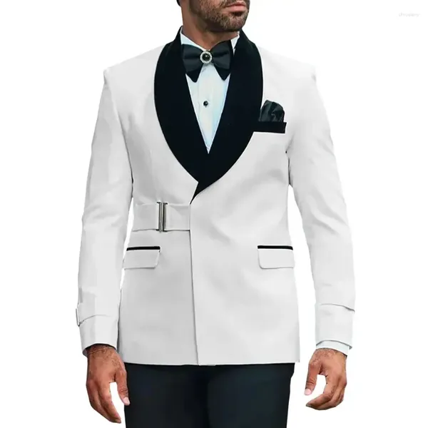 Herrenanzüge, einzigartige Schnalle, reguläre Passform, 2-teilig, Smoking, schwarzer Samt, Schalkragen, Gürtel, Blazer, Hosen für Hochzeit, Bräutigam, Ballkleid